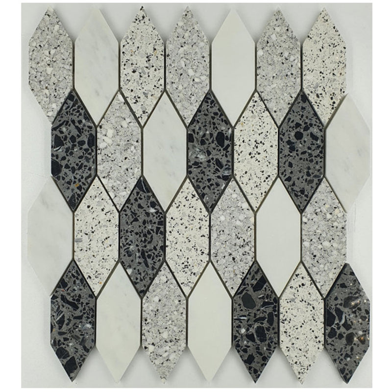 Bati Orient Long Hexagon Terrazzo 13" x 13.8"-Marble Mosaic-Bati Orient-White | Grey | Black-13" x 13.8"-State Tile