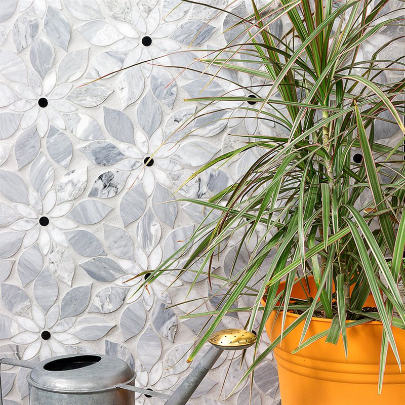 Soho Studio Mj Rain Flower 12.4" x 14.13" Bardiglio Nouvelato, White Carrara With Black Jade Dot