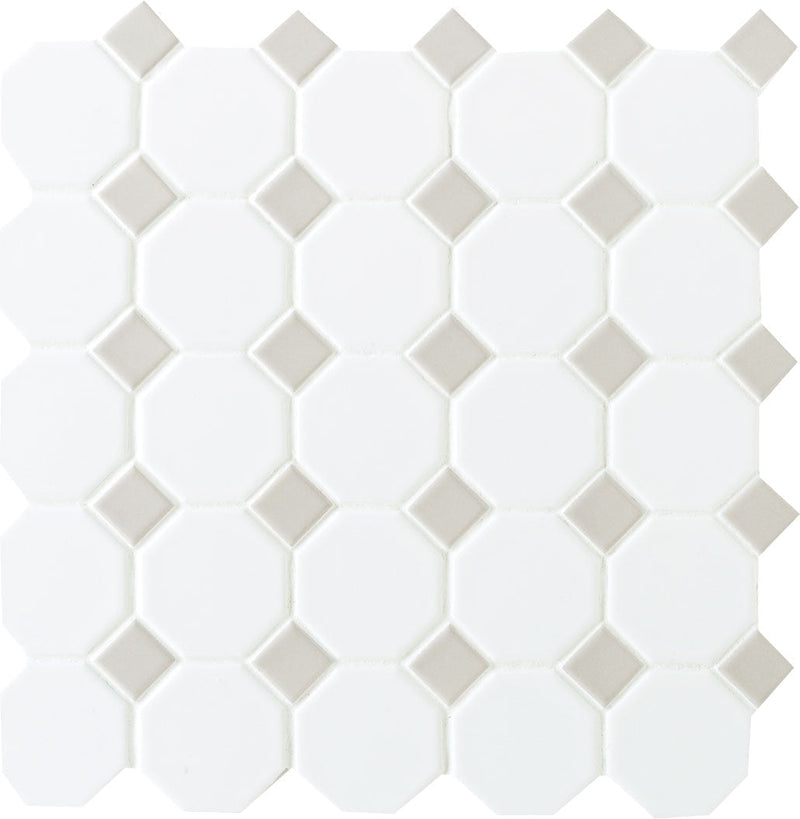 Daltile Octagon & Dot 12" x 12"-Ceramic Mosaic-Daltile-White Octagon/Gloss Gray-12" x 12"-State Tile