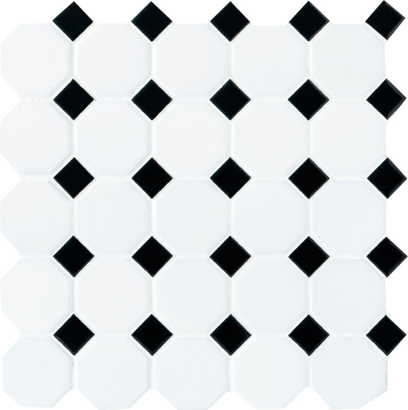 Daltile Octagon & Dot 12" x 12"-Ceramic Mosaic-Daltile-White Octagon/Black Gloss-12" x 12"-State Tile