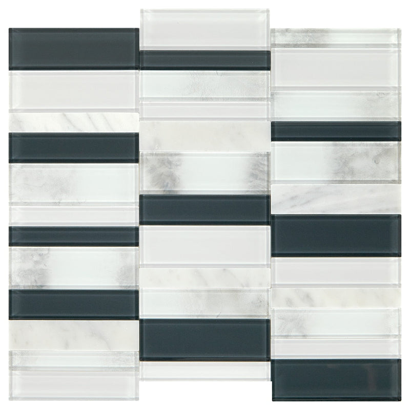 Daltile Simplystick Mosaix 11.81" x 11.81"-Stone & Glass Mosaic-Daltile-Carrara White And Glass Blend-11.81" x 11.81"-State Tile
